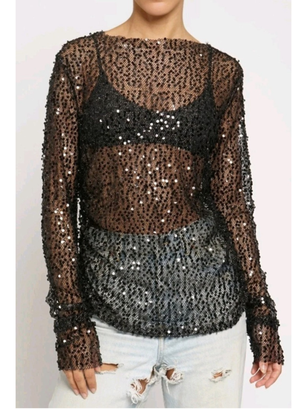 Sans Souci Womens Black Sequin Mesh Long Sleeve Top Sheer Party Blouse Sz L Y2K
